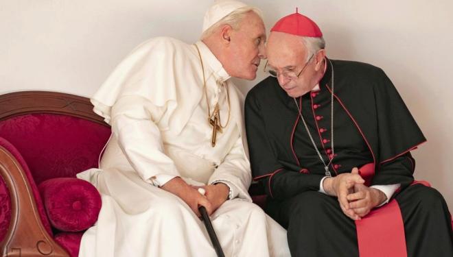 Anthony Hopkins and Jonathan Pryce in The Two Popes, Netflix