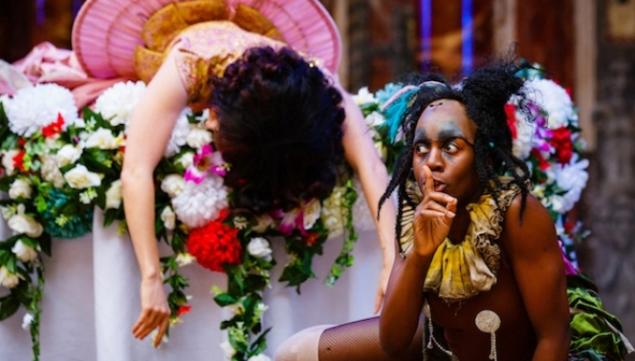 Meow Meow as Titania and Nandi Bebhe as First Fairy in Emma Rice’s A Midsummer Night’s Dream; photo by Steve Tanner