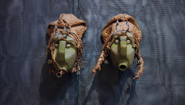 Masks by Benin-born Romauld Hazoume, one of the artists exhibited at Art14