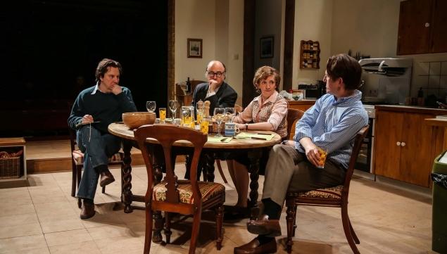 Steve Waters' Limehouse, Donmar Warehouse 2017: Paul Chahidi (Bill Rodgers), Roger Allam (Roy Jenkins), Debra Gillett (Shirley Williams) and Tom Goodman-Hill (David Owen) in Limehouse. Photo Jack Sain