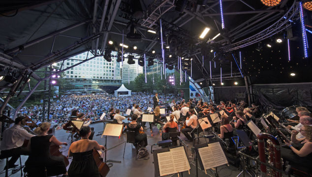 Music until moonlight with the London Philharmonic Orchestra at Canada Square Park. Photo: Peter Matthews