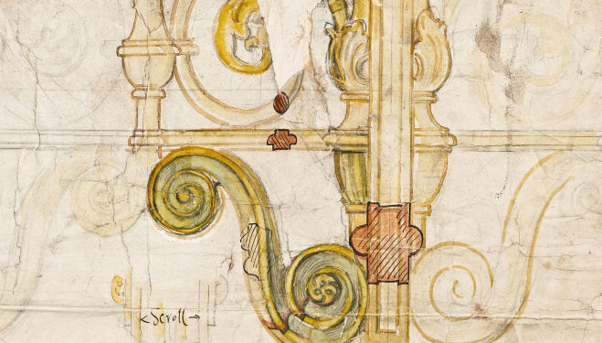 R. Norman Shaw RA (1831-1912), Working drawing of balustrade for a wooden screen (detail), drawn by W.R. Lethaby, 1879-80. Royal Academy of Arts, London. Photo: Prudence Cuming Associates Ltd. 