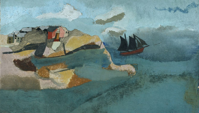 Ben Nicholson, c.1930 (Cornish Port), oil on card, 21.5 x 35 cm, Courtesy of Kettle’s  Yard, University of Cambridge/ © Angela Verren-Taunt 2013. All rights reserved,  DACS