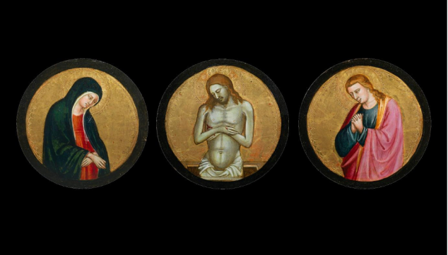 Bicci di Lorenzo (1373-1452) Three Roundels: Virgin Mary, Christ as Ecce Homo and Saint John the Baptist Tempera and gold on panel Diameter of each: 24 cm, Moretti Fine Art