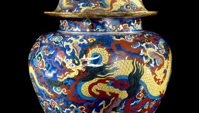 Cloisonné enamel jar and cover with dragons. Metal with cloisonné enamels,  Xuande mark and period (1426-1435), Beijing. © The Trustees of the British Museum 