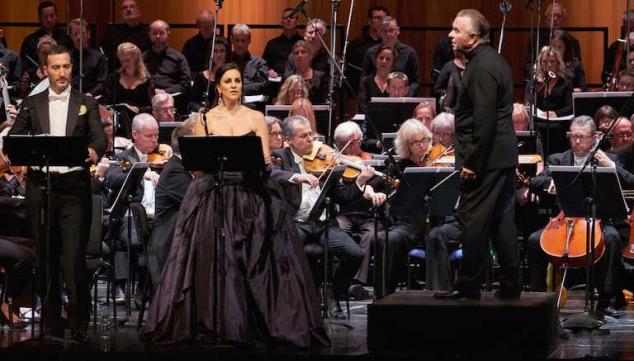 Vito Priante and Joyce El-Khoury with conductor Sir Mark Elder in the world premiere of L'Ange de Nisida. Photo: Russell Duncan/Opera Rara, ROH