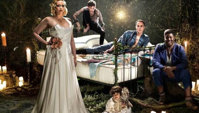 A Midsummer Night's Dream, Bridge Theatre: Gwendoline Christie (Titania), David Moorst (Puck), Ryan Bawa, Oliver Chris (Oberon) and Hammed Animashaun (Bottom). Photo by Perou