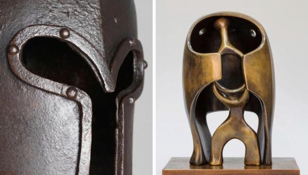 Left: Sallet, Antonio Missaglia, Armourer Milan, Italy Date: c1450 – c.1470, Right: The Helmet 1939-40 Bronze 31 x 24.5 x 15.5 cm The Henry Moore Foundation: gift of Irina Moore 1977 Reproduced by permission of the Henry Moore Foundation.