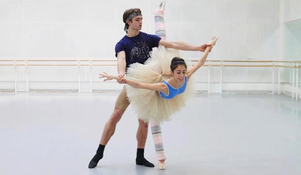 Yasmine Naghdi and Matthew Ball in rehearsal for Coppélia, photo Gavin Stuart