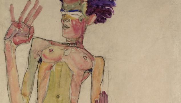 Egon Schiele (1890-1918) Kneeling Nude with Raised Hands  (Self-Portrait), 1910 Black chalk and gouache on paper 63 x 45 cm The Leopold Museum, Vienna, courtesy of The Courtauld Gallery