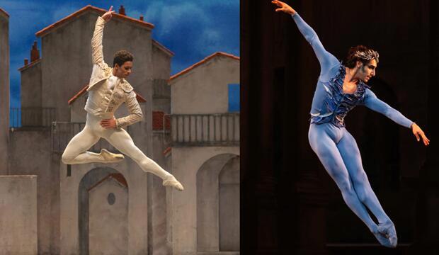 Marcelino Sambé in Don Quixote © ROH 2019. Photo: Andrej Uspenski; César Corrales in Bluebird © ROH 2019. Photo Helen Maybanks