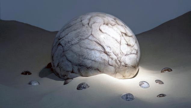 Adeline de Monseignat, Mother HEB Loleta, 2012, Vintage Fur, pillow filler, glass, motor, wood on 2 tonnes of sand, Variable installation, Courtesy the artist and Ronchini Gallery