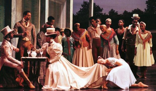 DTH Creole Giselle. Derek Williams as Alexandre de la Cour, Hugues Magen as Etienne de Villefort, Theara Ward as Bathilde de la Cour, Virginia Johnson as Giselle Lanaux and members of DTH.  Photo c/o Dance Theatre of Harlem