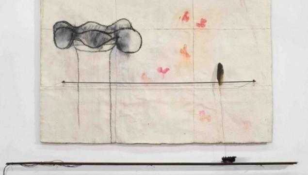 Pier Paolo Calzolari, Trenini [grande carta], 1972, paper glued on wood, wax pastel, oil pastel, tempera, iron, tracks, electric wire, feather, transformer, 150 x 232 x 15 cm, © Pier Paolo Calzolari, Photo: Paolo Semprucci, Courtesy Fondazione Calzolari.