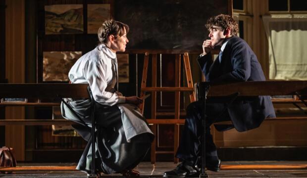 The Corn is Green in rehearsal.  Nicola Walker as Miss Moffat, Iwan Davies as Morgan Evans.  Photo: Johan Persson