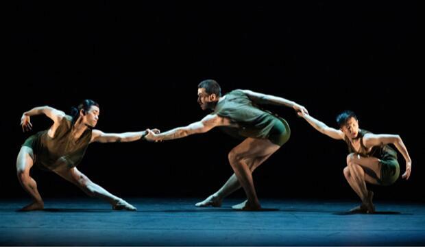 Max Day, Guillaume Queau, Jonathan Wade of Rambert in Alonzo King's following the subtle current upstream.  Photo: Camilla Greenwell