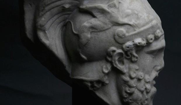 Roman relief fragment depicting the head of Mars 2nd century AD, Marble Courtesy of Rupert Wace Ancient Art