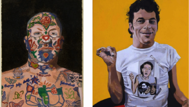 Peter Blake 2015 London Exhibition: Peter Blake, Ian Dury, 2001, acrylic on board, 30.5 x 25.4 cm, courtesy the artist and Waddington Custot Galleries, Peter Blake, Tattooed Man 5, 2015, watercolour, 15.1 x 10.7 cm, courtesy the artist and Waddington Cust