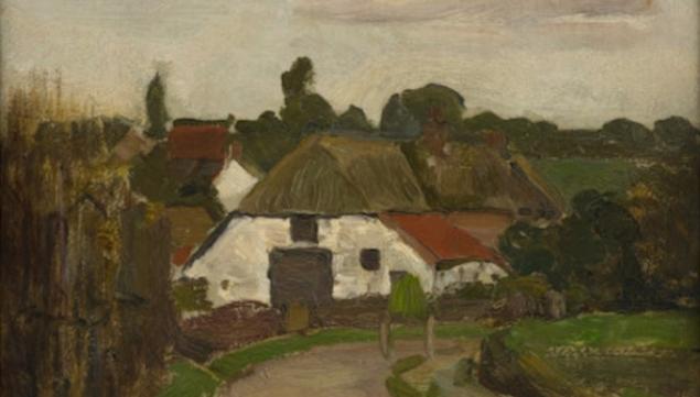 Early Modrian, David Zwirner: Above: Roadway and Farm Building near Arnhem, ca.1902, Oil on panel.  14 x 10 1/2 inches (35.5 x 26.5 cm).  Private Collection, London