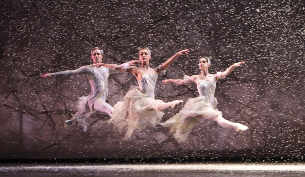 BRB The Nutcracker, Anniek Soobroy and Marion Rainer as Snowflakes and Steven Monteith as a Wind. Photo: Bill Cooper